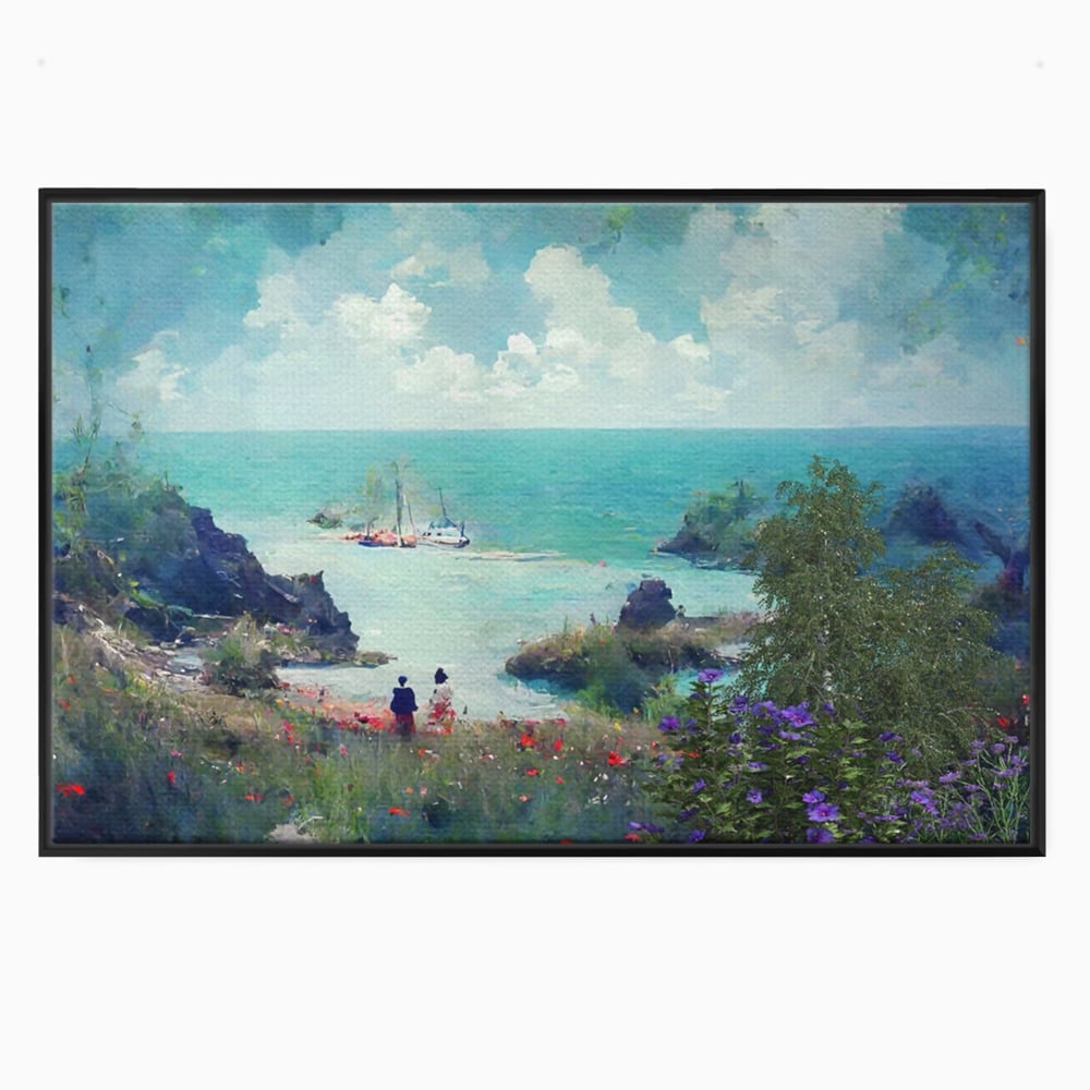 Tablou canvas cu pictura peisaj marin cu oameni si flori, in rama de aluminiu negru